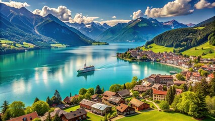 High view over Iseltwald village and Brienz Lake with tour ship, Switzerland , Switzerland, Iseltwald