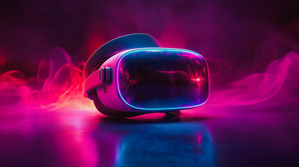 Aufkleber - A VR headset is on a table with a purple background. The headset is illuminated and he is a futuristic device