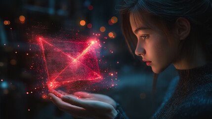 Poster - A woman is holding a red box in her hand. The box is glowing and he is a hologram. The woman's face is illuminated by the box, creating a sense of wonder and excitement