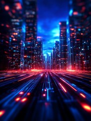 Wall Mural - A futuristic city skyline with tall buildings illuminated by neon lights, showcasing a vibrant and technological landscape. The glowing streets represent a dynamic and interconnected urban environment