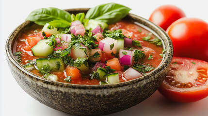 Spanish gazpacho, chilled tomato soup, isolated on white background, traditional Spanish dish, simple presentation