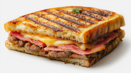 Cuban sandwich, pressed bread with ham and cheese, isolated on white background, traditional Cuban dish, simple and clean presentation, no background elements