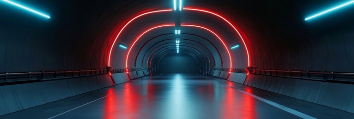 Canvas Print - A futuristic tunnel with red and blue neon lights, symbolizing progress, innovation, speed, and the future. The tunnel is empty, creating a sense of mystery and anticipation.