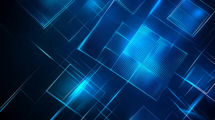 Poster - Abstract digital illustration featuring blue glowing shapes and lines on a dark background