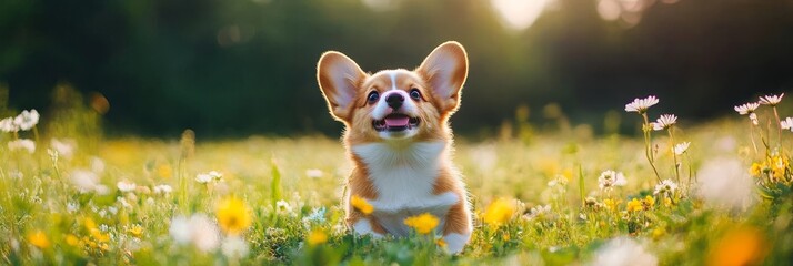 a happy pembroke welsh corgi puppy sits in a field of wildflowers, basking in the warm sunlight. the