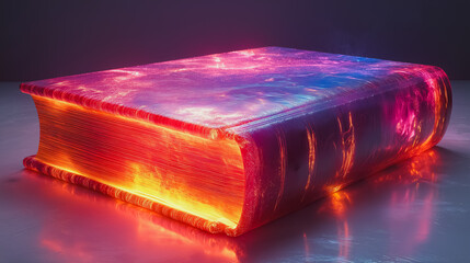 A book with a red cover and orange pages. The book is glowing and has a futuristic look to it