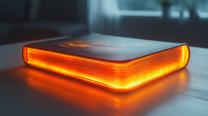 Poster - A futuristic book with a touch-screen cover, interactive elements, isolated against a white backdrop, highlighting the evolution of reading experiences.