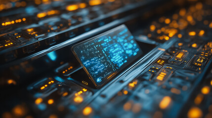 Poster - A cell phone is sitting in a computer server. The server is full of lights and the phone is surrounded by them