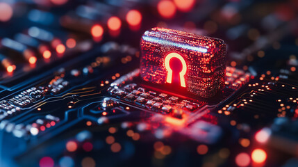  - A red key is on a circuit board. The key is glowing red and is surrounded by a black background. Concept of security and protection, as the key is often associated with locking and unlocking doors