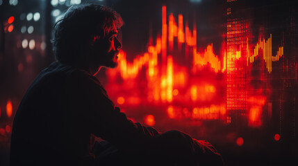 Poster - A man is sitting in a dark room looking at a computer screen with red lines. The man is focused on the screen, possibly analyzing data or working on a project