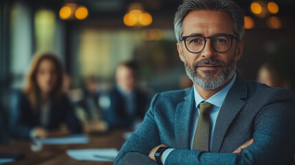 Poster - a man in a suit and tie is standing in front of a group of people. he is wearing glasses and has a s