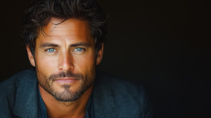Poster - a man with a beard and blue eyes is standing in front of a dark background. he is wearing a black ja