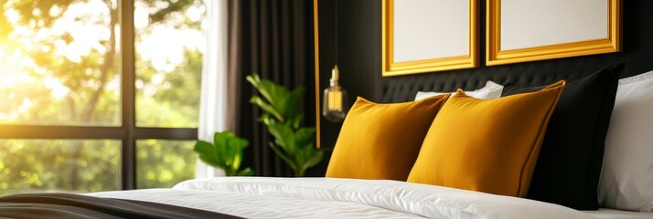 A luxurious and modern bedroom featuring a large window with natural light, black and gold decor, and yellow throw pillows. The room exudes a sense of sophistication and comfort, with its elegant furn