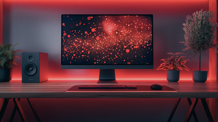 Poster - A computer desk with a monitor, keyboard, and mouse. The monitor is on and the room is lit with red lights