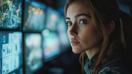 Poster - A woman is staring at a computer screen with multiple monitors. She is focused and attentive, possibly working on a project or analyzing data. Concept of concentration and productivity