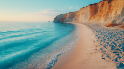 A beautiful beach with a calm ocean and a rocky cliff in the background. The water is clear and the sky is blue