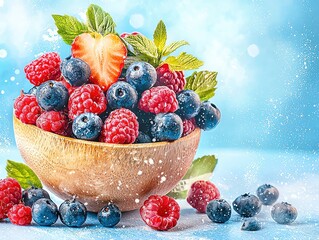 Assortment of colorful berries in a wooden bowl, rich in antioxidants, brain health focus