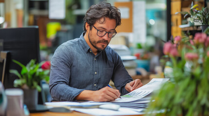 Poster - A man wearing glasses is sitting at a desk with a notebook and pen. He is writing something down