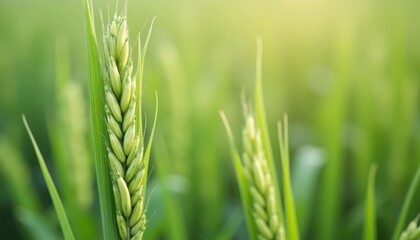 Wall Mural -  Vibrant green wheat stalks in a field symbolizing growth and abundance