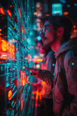 Poster - A man is pointing at a computer screen with a red and blue background. The man is wearing glasses and a hoodie
