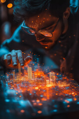 Poster - A man is looking at a computer screen with a city on it. The city is made up of small circles and the man is touching it with his finger
