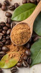 Poster - Ground coffee powder in a wooden spoon with coffee beans and leaves nearby
