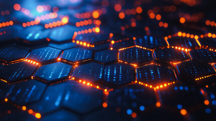 Poster - A close up of a computer screen with a blue background and orange and blue lights. Concept of technology and innovation, with the bright colors