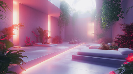 Poster - A room with a white floor and pink walls. There are plants and a bed in the room