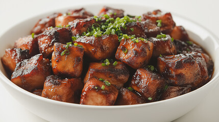 Filipino adobo, marinated chicken with soy sauce, isolated on white background, traditional Filipino dish, simple and clean presentation