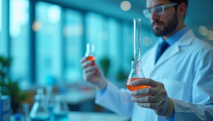 Poster -  Innovation in the lab  A scientists hands holding a test tube with a bright orange liquid