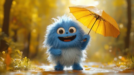 Wall Mural - funny cartoon character dancing with umbrella funny toy hairy blue monster clip art isolate on yellow background