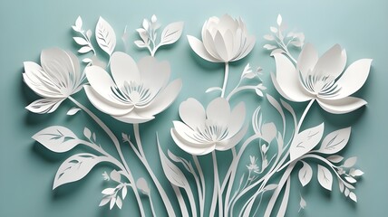 Sticker - Elegant Paper Cutout Blooming White Flowers on Light Background, Abstract Handcrafted Floral Art