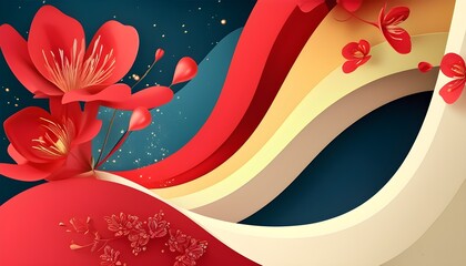 Wall Mural - Vibrant Abstract Red Celebration with Curved Background and Creative Colorful Elements