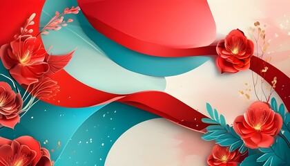 Vibrant Abstract Red Celebration with Curved Background and Creative Colorful Elements