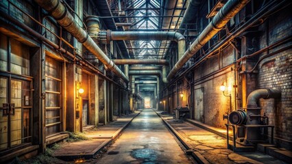  Eerie passage in abandoned steam plant , dark, creepy, industrial, spooky, mysterious, atmospheric, haunting, desolate, shadows