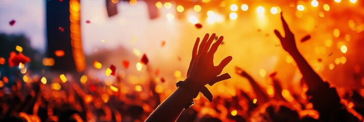 A silhouette of a crowd at a music festival, with raised hands and confetti in the air. The stage lights are bright and create a warm glow, highlighting the energy and excitement of the event. This im