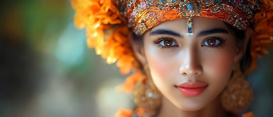 Wall Mural - Portrait of a woman wearing a traditional Balinese headdress with flowers.