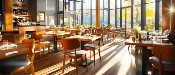 Poster - Sunlit Restaurant Interior with Large Windows.