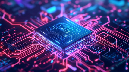 Colorful illustration of a microchip on a vibrant circuit board glowing in a digital atmosphere