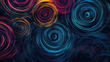 Wall Mural - Abstract flowing light waves in orange and purple tones. Background image of circle glowing light with abstract red and blue color with dark background. Digital art for modern and fluid design. AIG51.