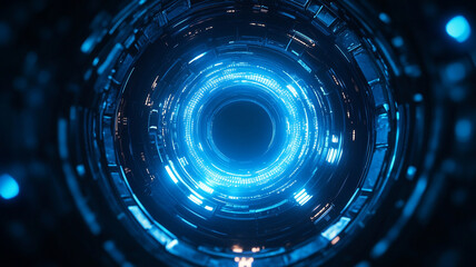 Poster - A futuristic tunnel illuminated by blue light, showcasing intricate circular patterns and textures