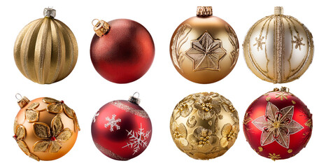 Elegant Christmas ornaments with gold and red patterns isolated on transparent background