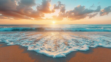 Wall Mural - Foamy Ocean Wave Crashing on Sandy Beach at Sunset