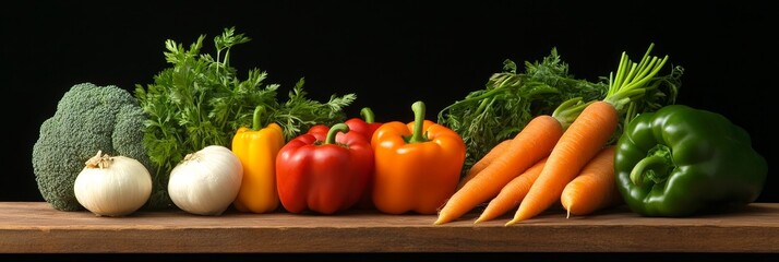 A vibrant collection of fresh vegetables, including broccoli, garlic, bell peppers, and carrots, symbolizing a healthy and balanced diet, vitality, natural goodness, and the bounty of nature.