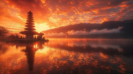 Wall Mural - Silhouetted Temple on a Lake with a Fiery Sunset