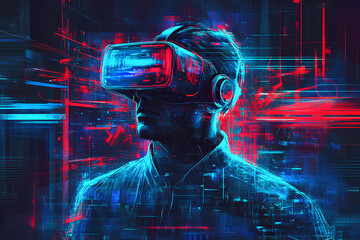 Poster - A digital illustration of a person wearing a virtual reality headset amidst vibrant neon visuals.