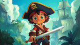 A cartoon illustration of a smiling young pirate holding a sword.