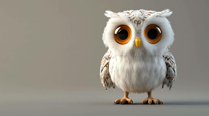 Wall Mural - A cute, fluffy owl with big, round eyes, stands on a gray background.