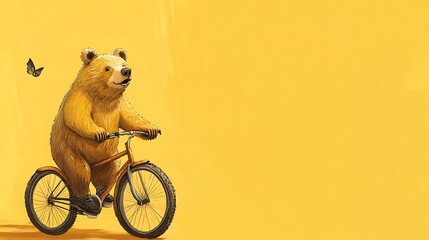 A cute cartoon bear rides a bicycle on a bright yellow background.