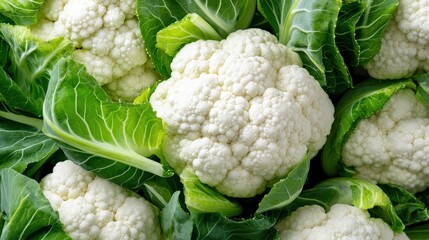 Wall Mural - A close-up of market-ready cauliflower (Brassica oleracea), with crisp white heads and green leaves